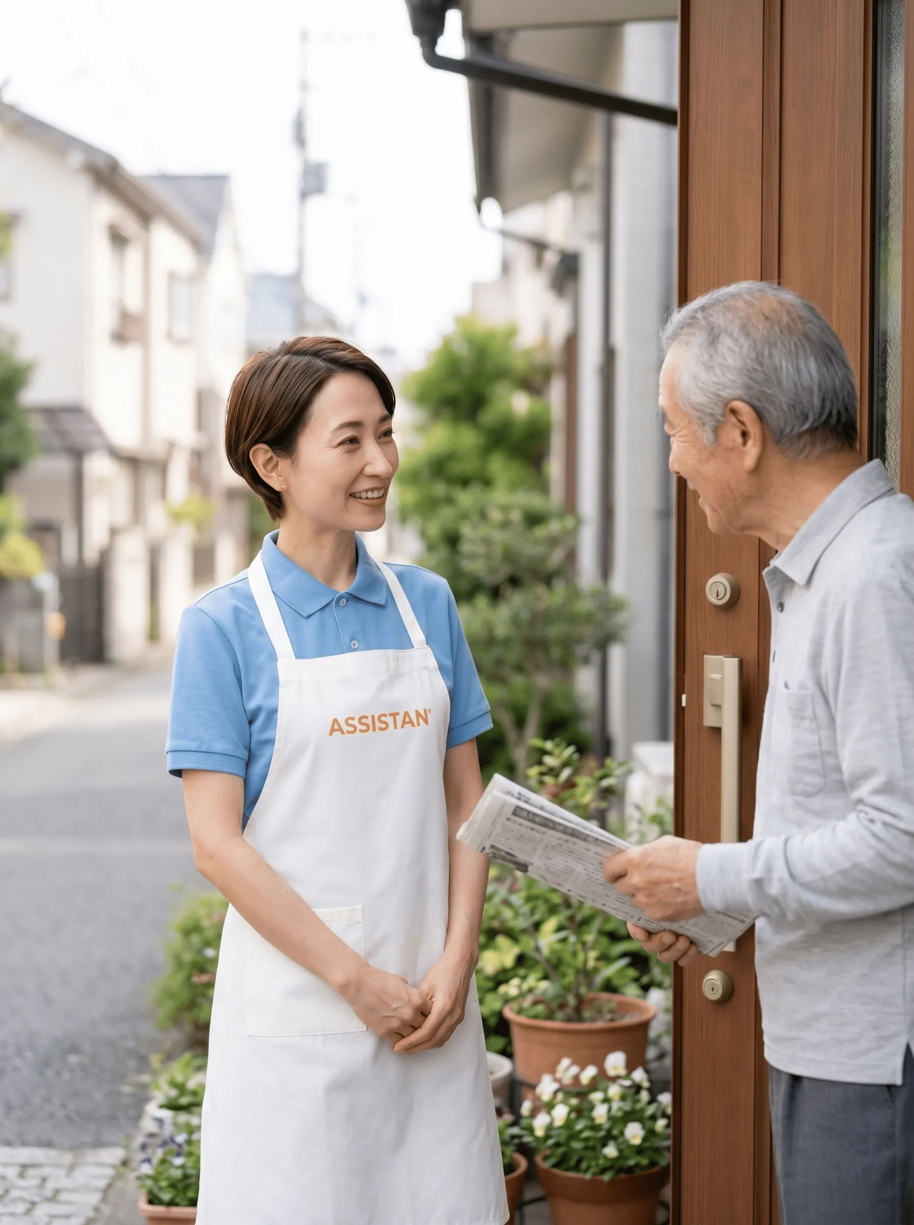 玄関先でAssistanスタッフが高齢者の方に挨拶している様子