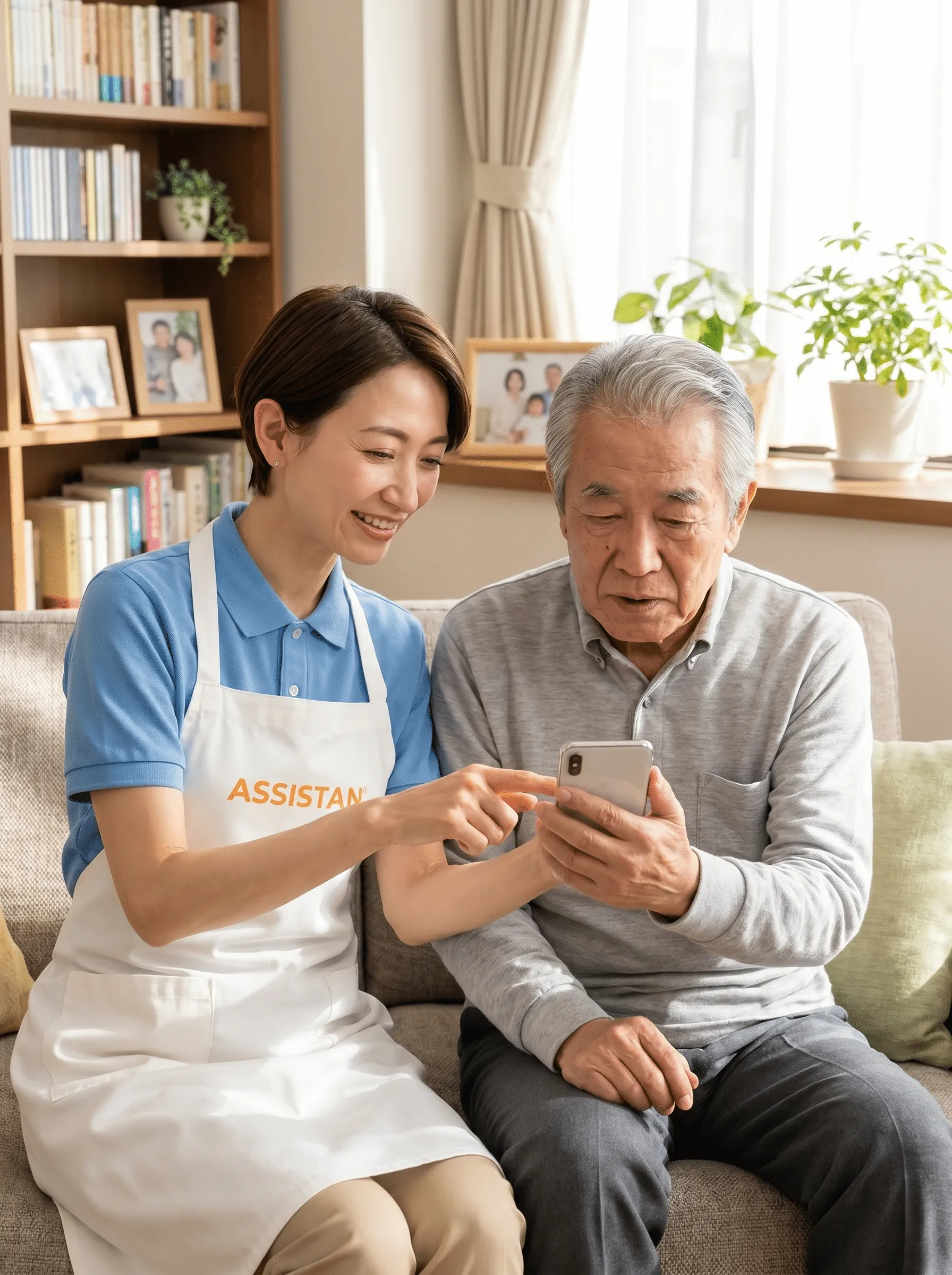 リビングでスタッフがスマホ操作を一緒に確認している様子
